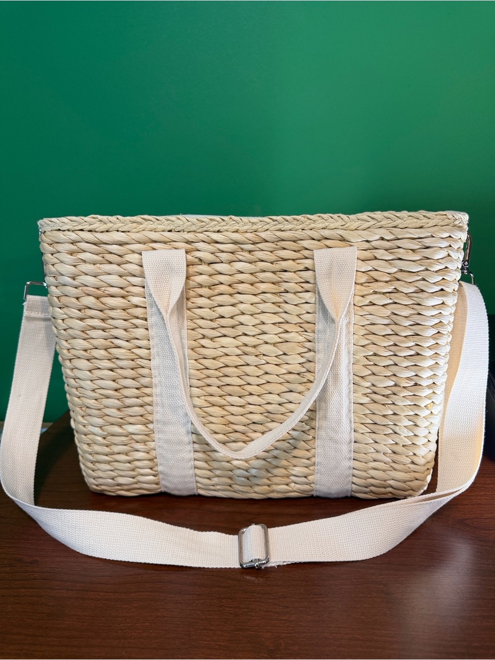 Natural Straw Tote Bag with Cream Straps